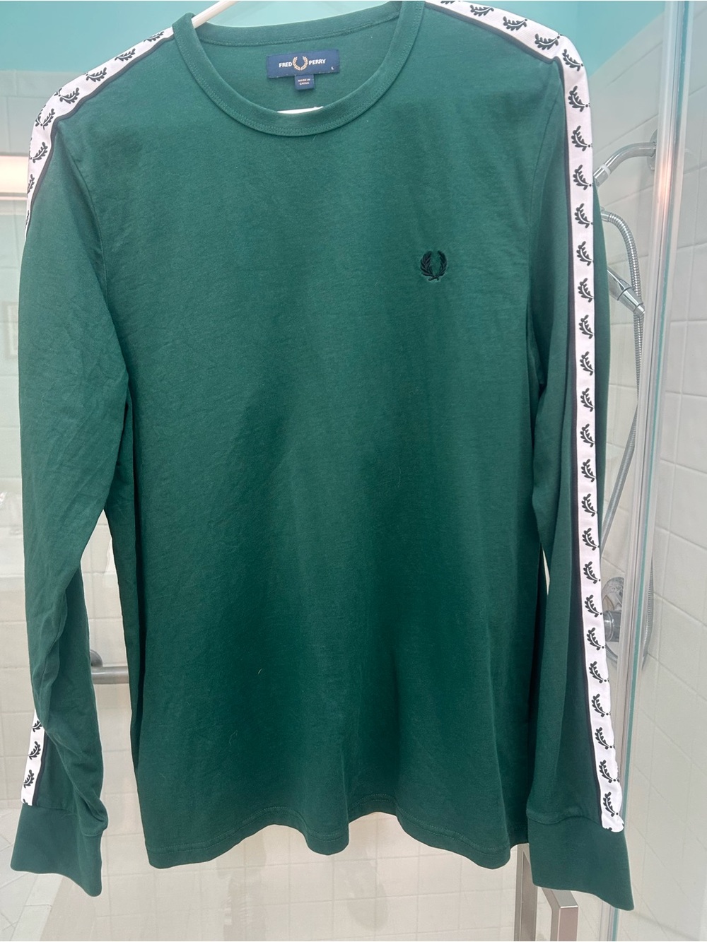 Fred Perry Green Long-Sleeve Tape-Trim Crew Neck Shirt
